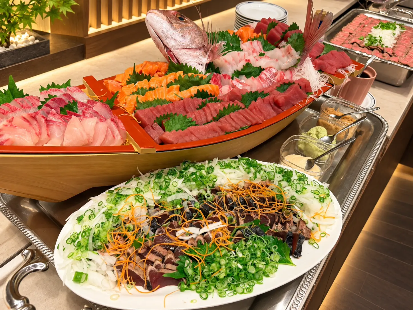 鯛やまぐろ、サーモンなどを華やかに盛り付けた舟盛り